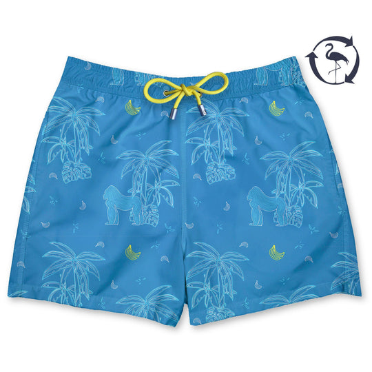 Bañador Banana Hammock estampado de lineal de gorilas y palmeras blancos con bananas amarillas sobre fondo azul