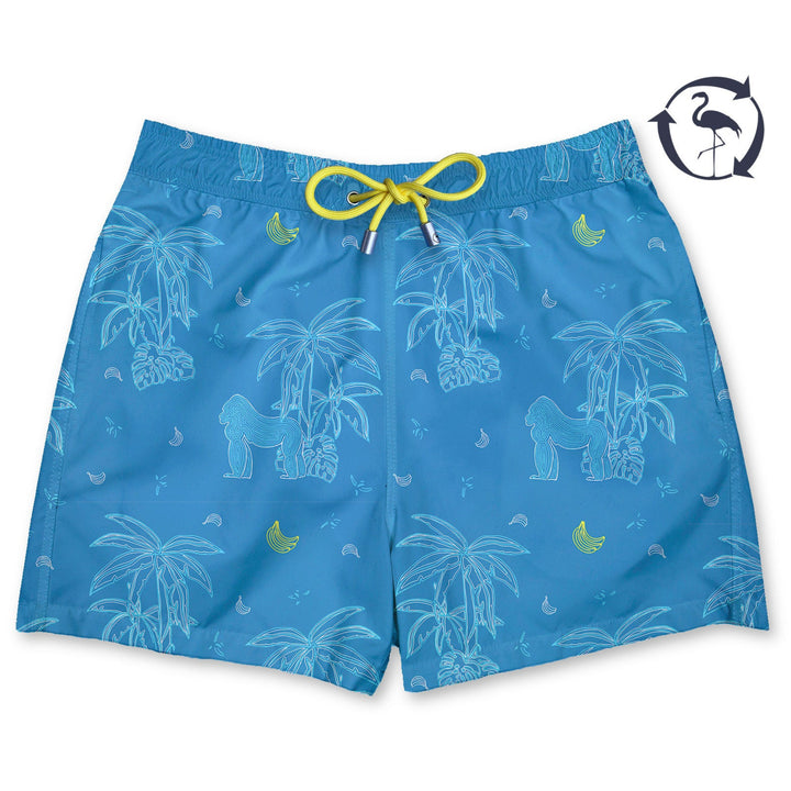 Bañador Banana Hammock estampado de lineal de gorilas y palmeras blancos con bananas amarillas sobre fondo azul