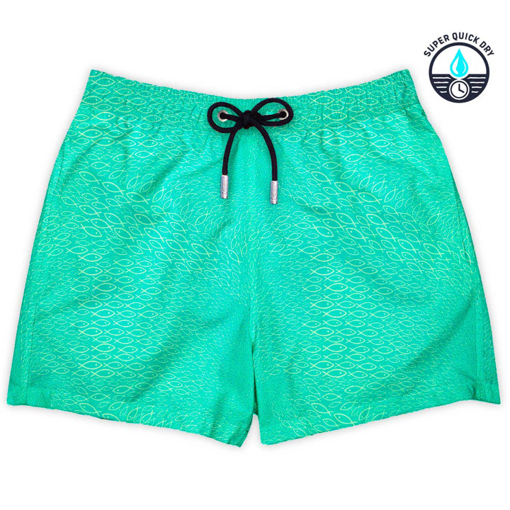 Bañador Dragon Fish estampado de banco de peces verde claro sobre fondo verde simulando escamas de dragón