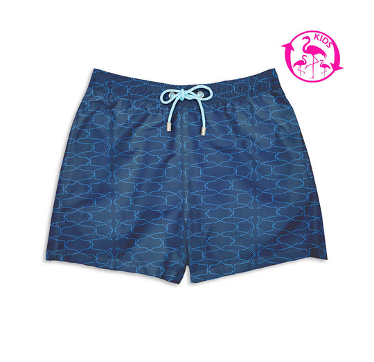 Bañador para niños Krahs con estampado de silueta de tiburones azul claro sobre fondo azul marino