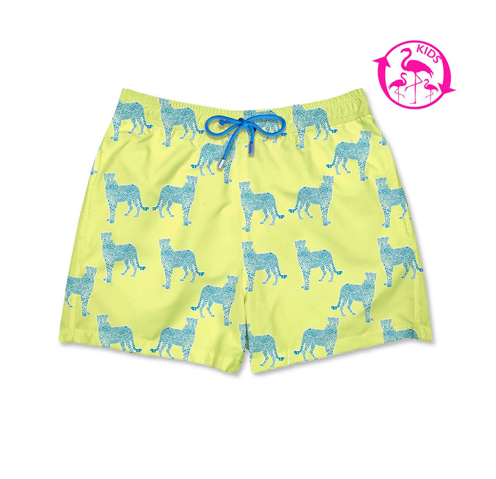 Bañador para niños Leopoldo III con estampado de leopardos hechos con puntillismo azul sobre fondo amarillo