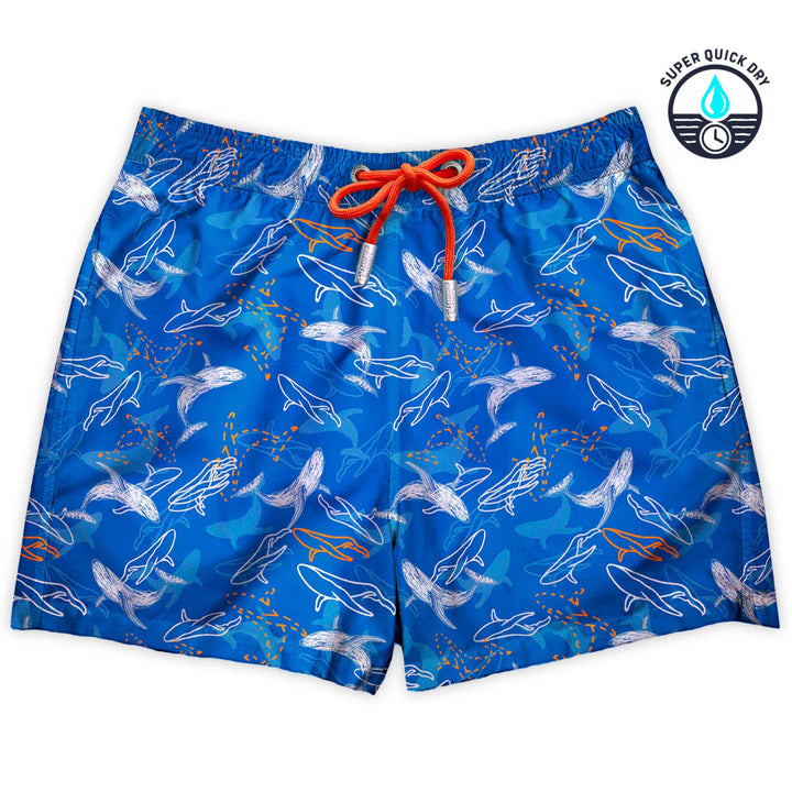 Bañador Mobi estampado de ballenas blancas y naranjas sobre fondo azul