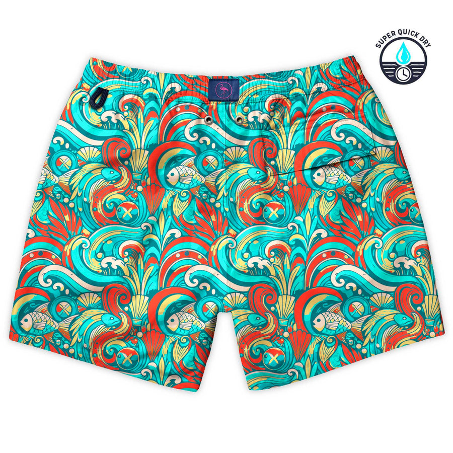 Bañador para niños Oaseas con estampado de peces y olas turquesa