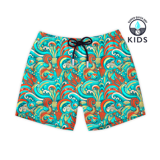 Bañador para niños Oaseas con estampado de peces y olas turquesa