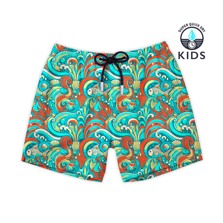 Bañador para niños Oaseas con estampado de peces y olas turquesa