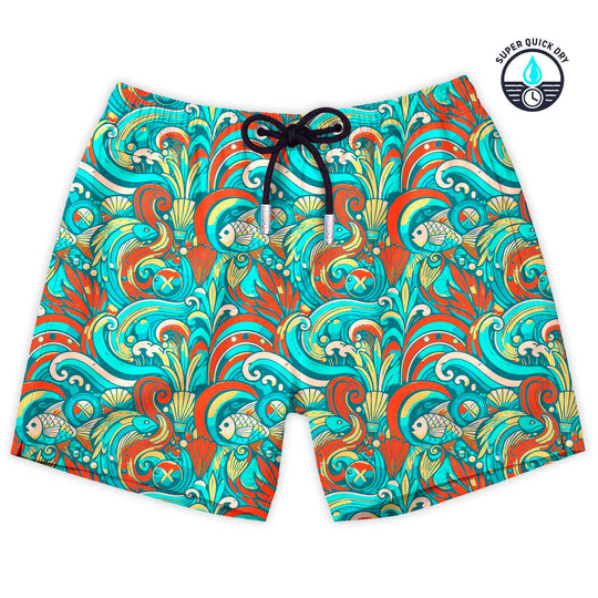 Bañador Oaseas estampado de peces y olas turquesa