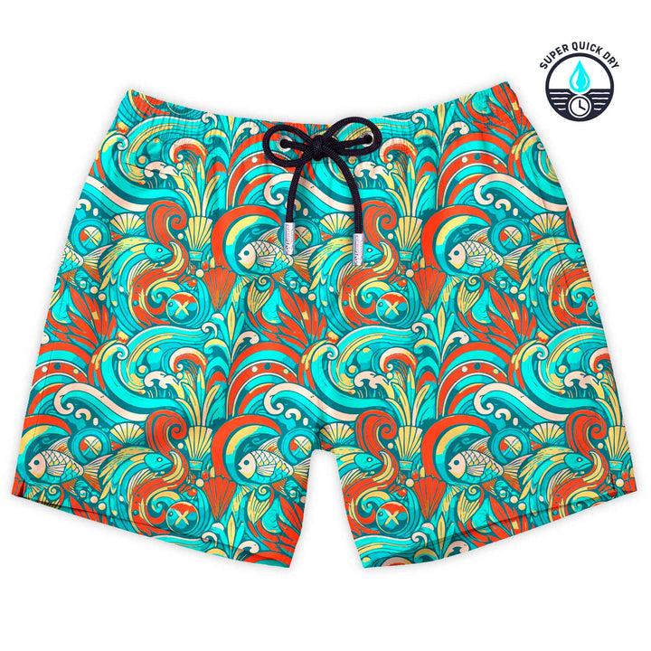 Bañador Oaseas estampado de peces y olas turquesa
