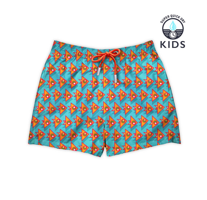 Bañador para niños Popeye Fish con estampado de peces naranjas con un solo ojo sobre fondo azul clarito
