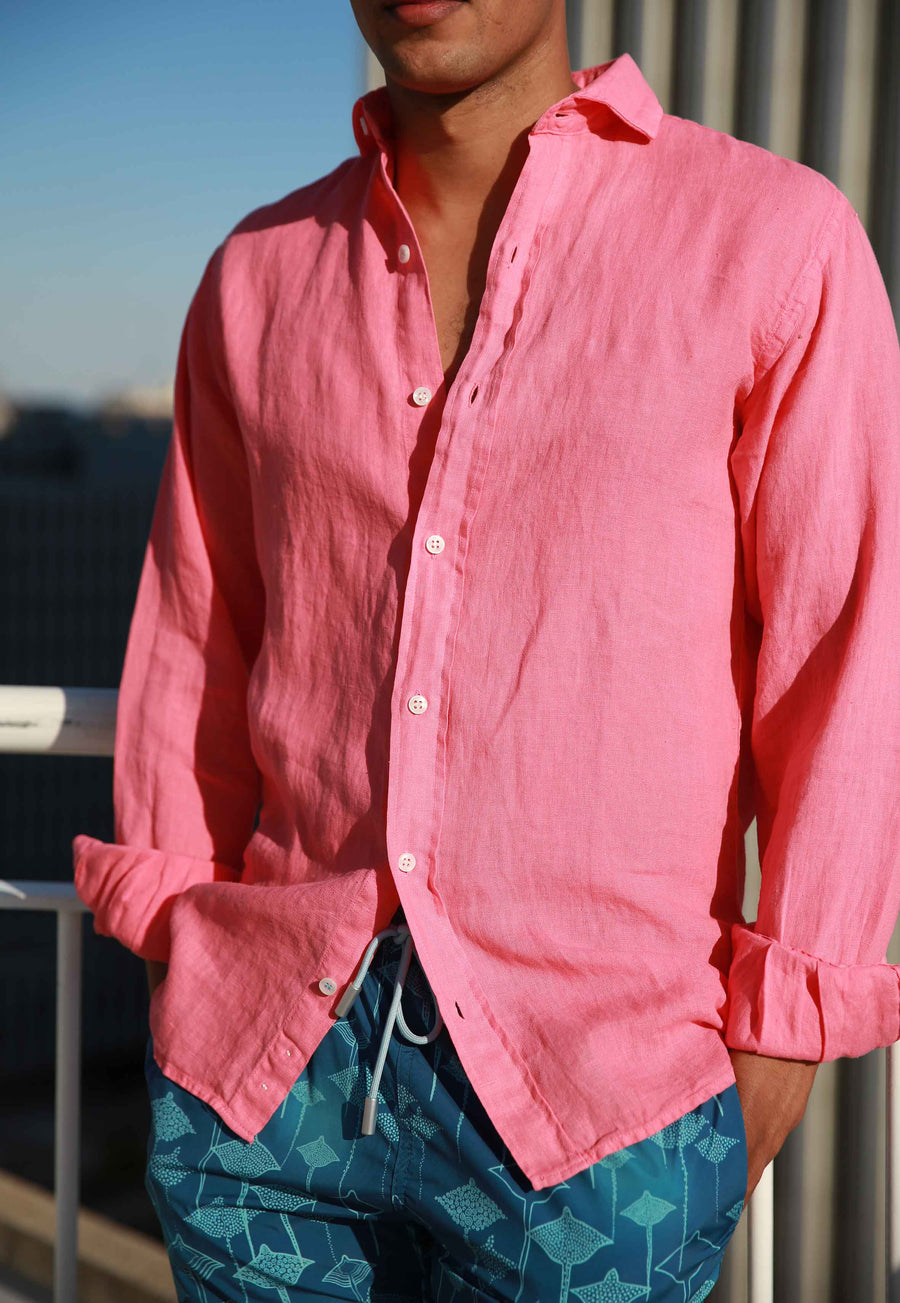Camisa de lino Hawaii color rosa fresa
