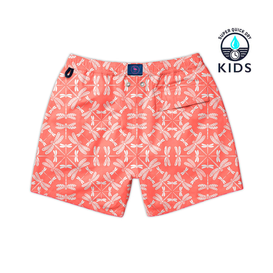 Bañador para niños Wings con estampado de libélulas blancas sobre color coral