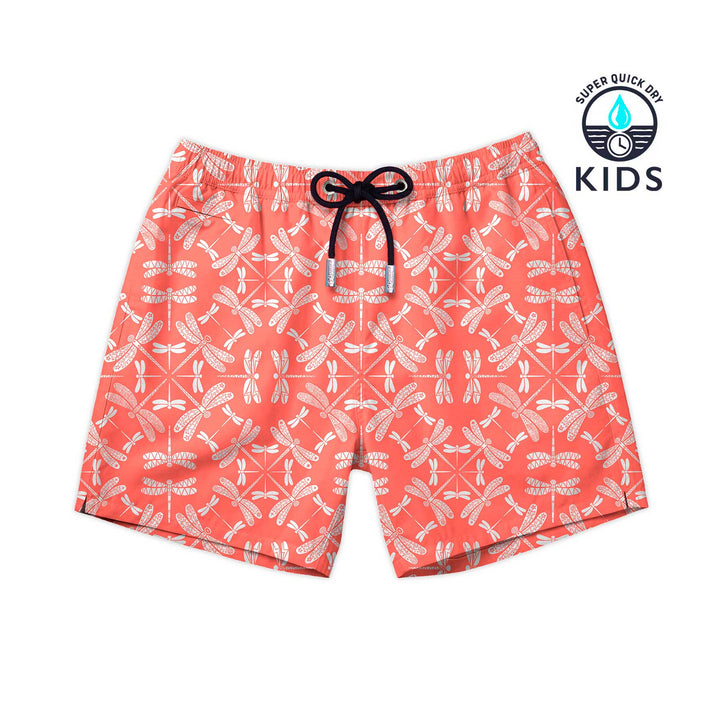 Bañador para niños Wings con estampado de libélulas blancas sobre color coral