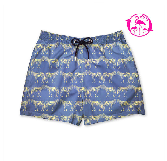 Bañador para niños Z-BRO con estampado de cebras amarillo mostaza sobre azul