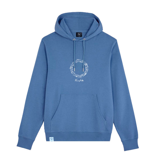 Sudadera con capucha azul Zero Fish con diseño de peces blancos nadando en forma de círculo