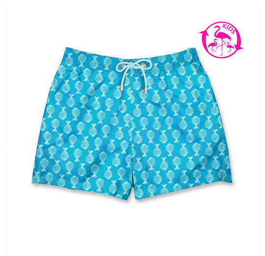 Bañador para niños ZigZag Fish con estampado de garabato de peces azul claro sobre fondo azul