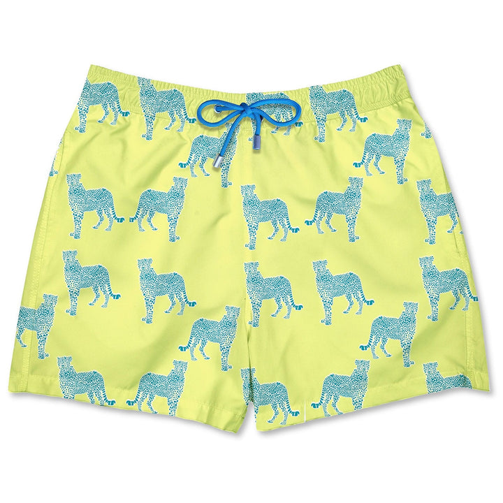 Bañador Leopoldo III estampado de leopardos hechos con puntillismo azul sobre fondo amarillo