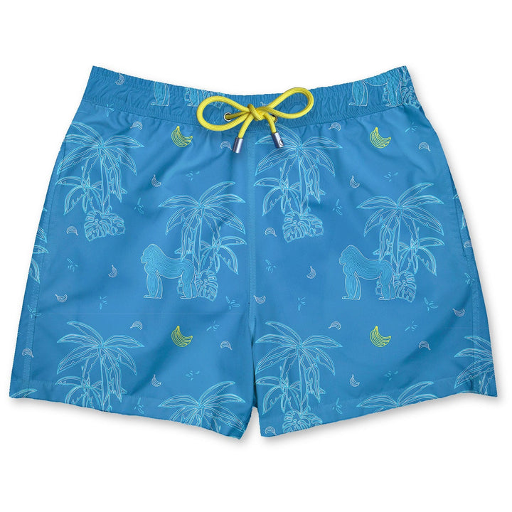 Bañador Banana Hammock estampado de lineal de gorilas y palmeras blancos con bananas amarillas sobre fondo azul
