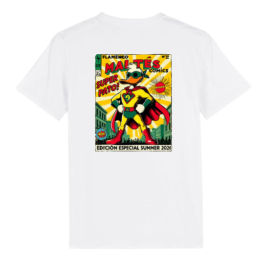 Camiseta Super Pato estampado cómic pato superhéroe — vista trasera — fm-content:19s2nxdlnu7Xp0aGY5B1FnTYhWu1V8OYJ