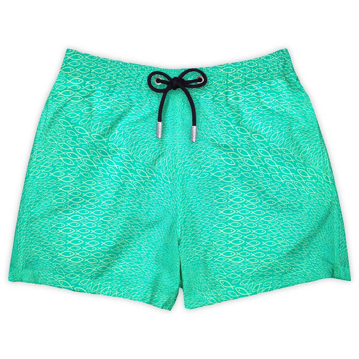 Bañador Dragon Fish estampado de banco de peces verde claro sobre fondo verde simulando escamas de dragón