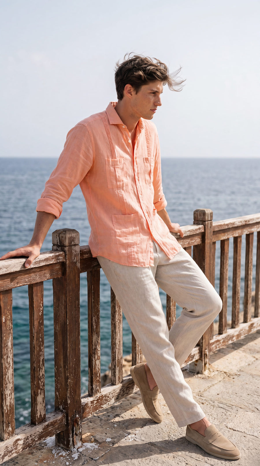 Guayabera Yas color melocotón 100% lino