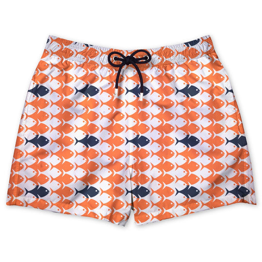 Bañador Orange Arlequin estampado de peces arlequín naranja y azul marino sobre fondo blanco