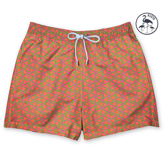 Bañador para niños Hot Tents con estampado de tiendas de campaña rojo cálido con detalle verde neón