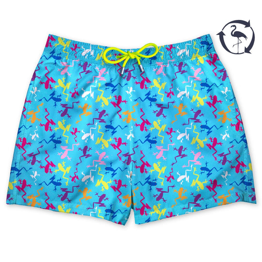 Bañador Candy Frog estampado de ranas multicolores sobre fondo azul