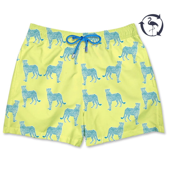 Bañador Leopoldo III estampado de leopardos hechos con puntillismo azul sobre fondo amarillo