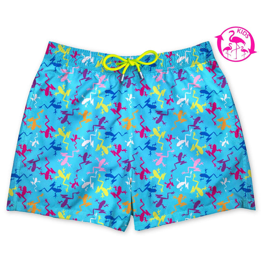 Bañador para niños Candy Frog con estampado de ranas multicolores sobre fondo azul