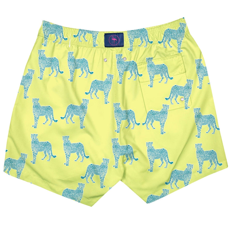 Bañador para niños Leopoldo III con estampado de leopardos hechos con puntillismo azul sobre fondo amarillo