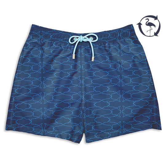 Bañador Krahs estampado de silueta de tiburones azul claro sobre fondo azul marino
