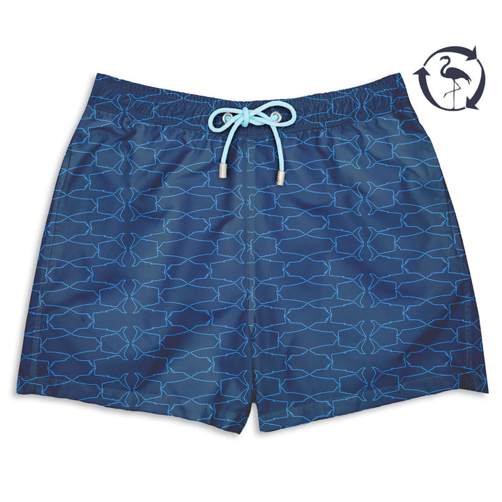 Bañador Krahs estampado de silueta de tiburones azul claro sobre fondo azul marino
