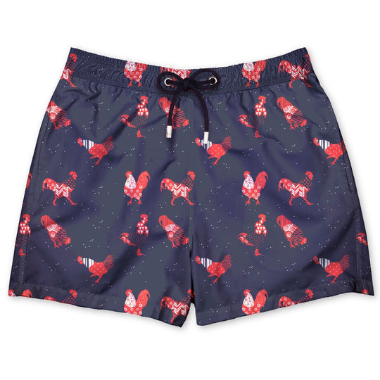 Bañador KRC estampado de gallos rojo sobre azul marino