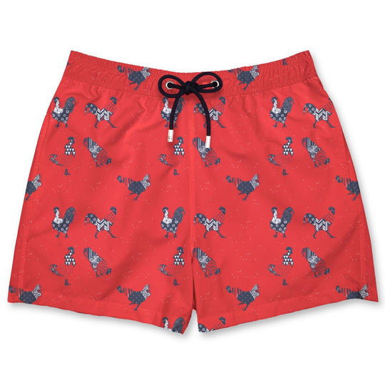 Bañador KBC estampado de gallos azul marino sobre rojo