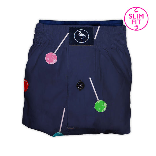 Boxer Sugar Free estampado de piruletas multicolor sobre azul marino