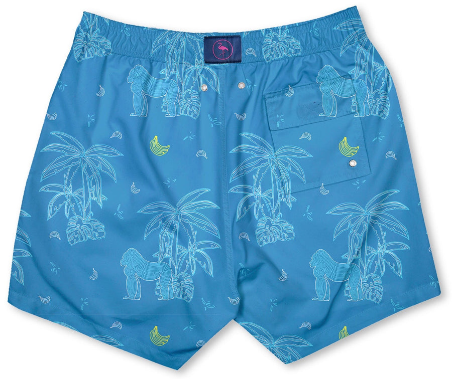 Bañador para niños Banana Hammock con estampado de lineal de gorilas y palmeras blancos con bananas amarillas sobre fondo azul